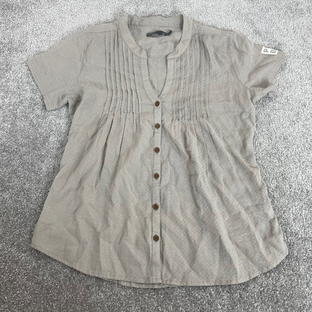 PrAna Blouse Womens Extra Large Organic Cotton Pintuck Henley Button *Pro Bar
